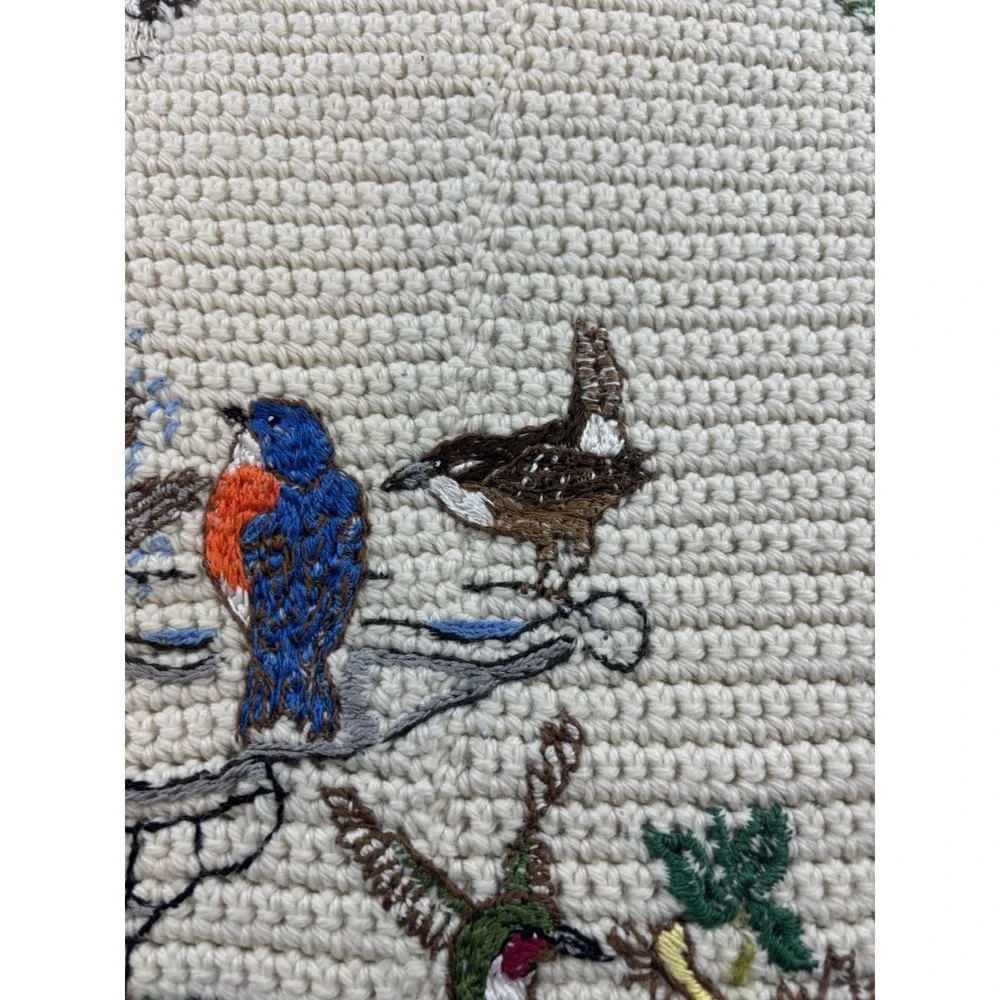 Handmade Colorful Birds Cream Crochet Knit Afghan Throw‎ Blanket w/ Fringe 37x57